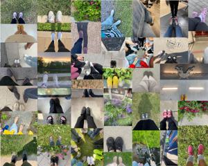 A collage of footwear photographed in different places.